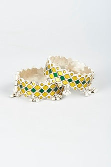 White Finish Bangles With Synthetic Stones (Set of 2)