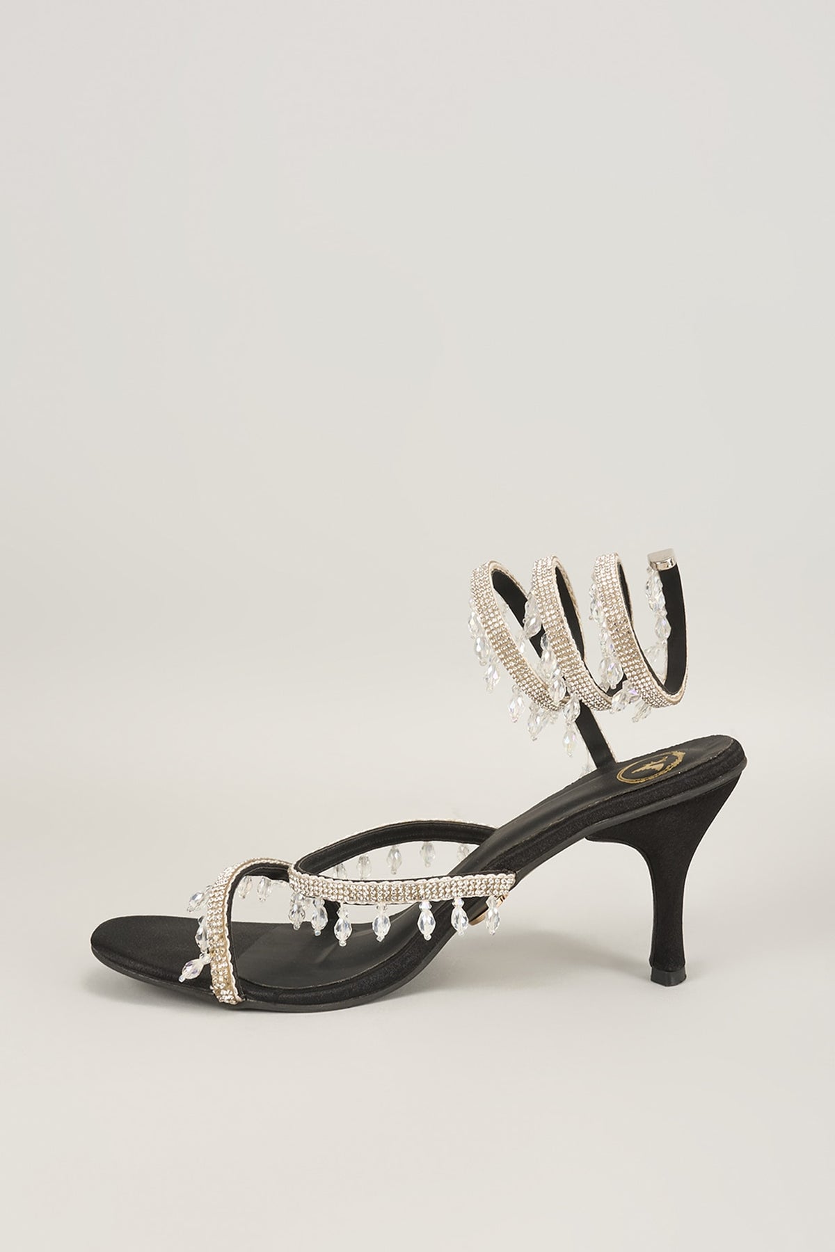 Black Vegan Satin Spring Embellished Heels
