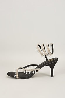 Black Vegan Satin Spring Embellished Heels