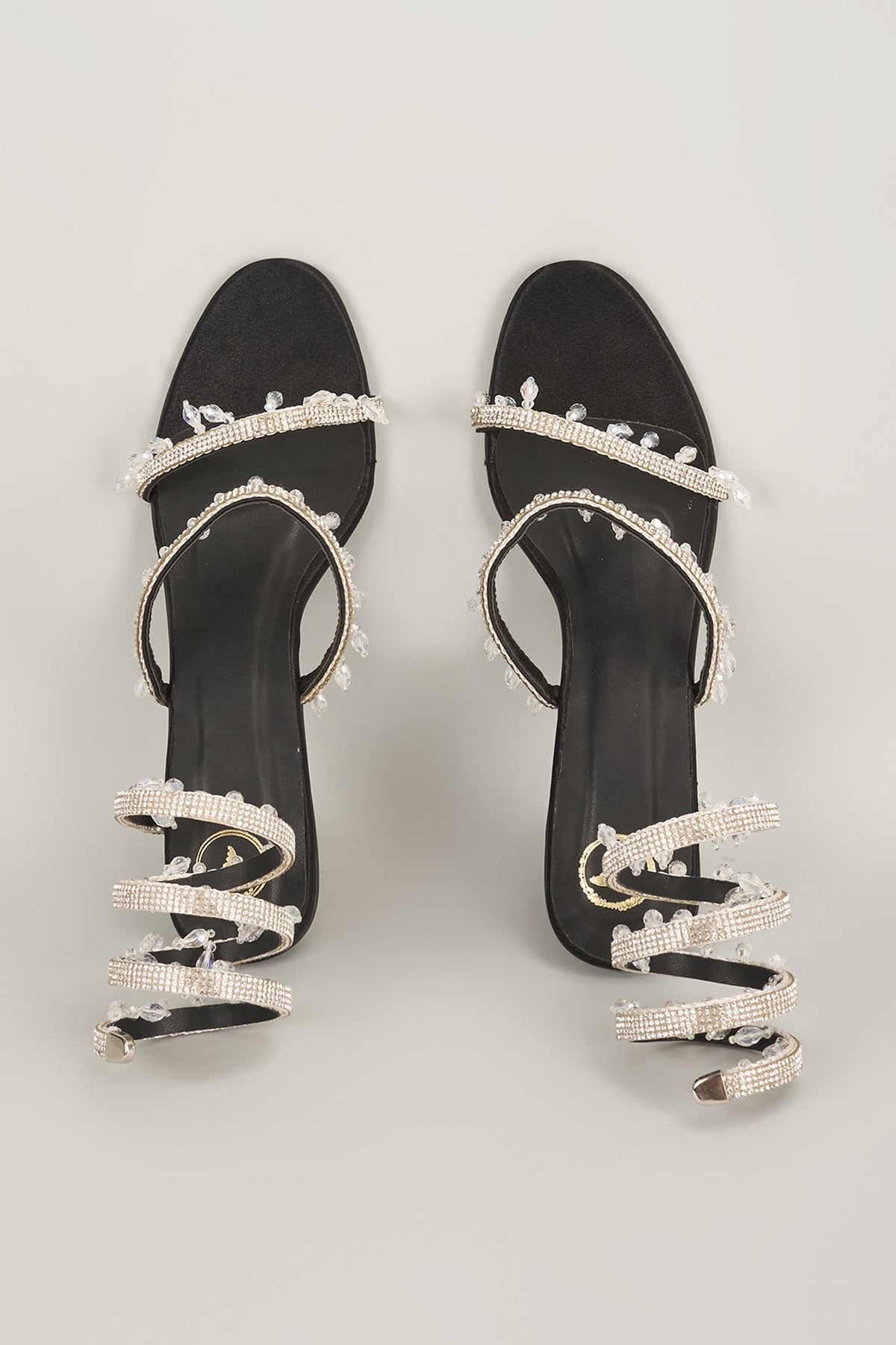 Black Vegan Satin Spring Embellished Heels