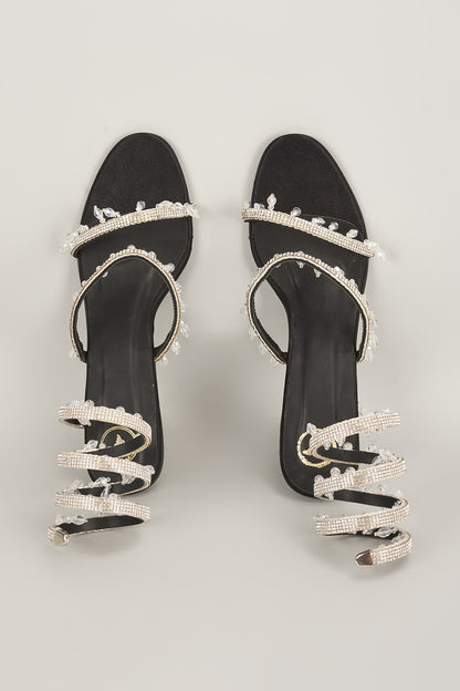 Black Vegan Satin Spring Embellished Heels
