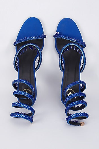 Blue Synthetic & Vegan Rhinestone Spring Embellished Heels