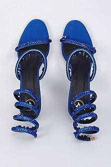 Blue Synthetic & Vegan Rhinestone Spring Embellished Heels