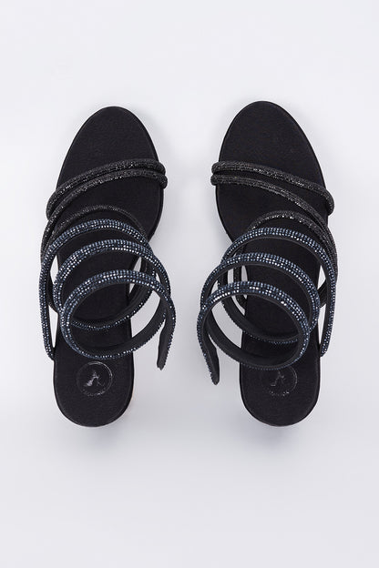 Black Synthetic & Vegan Rhinestone String Embellished Heels