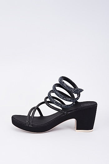 Black Synthetic & Vegan Rhinestone String Embellished Heels