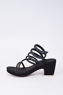 Black Synthetic & Vegan Rhinestone String Embellished Heels