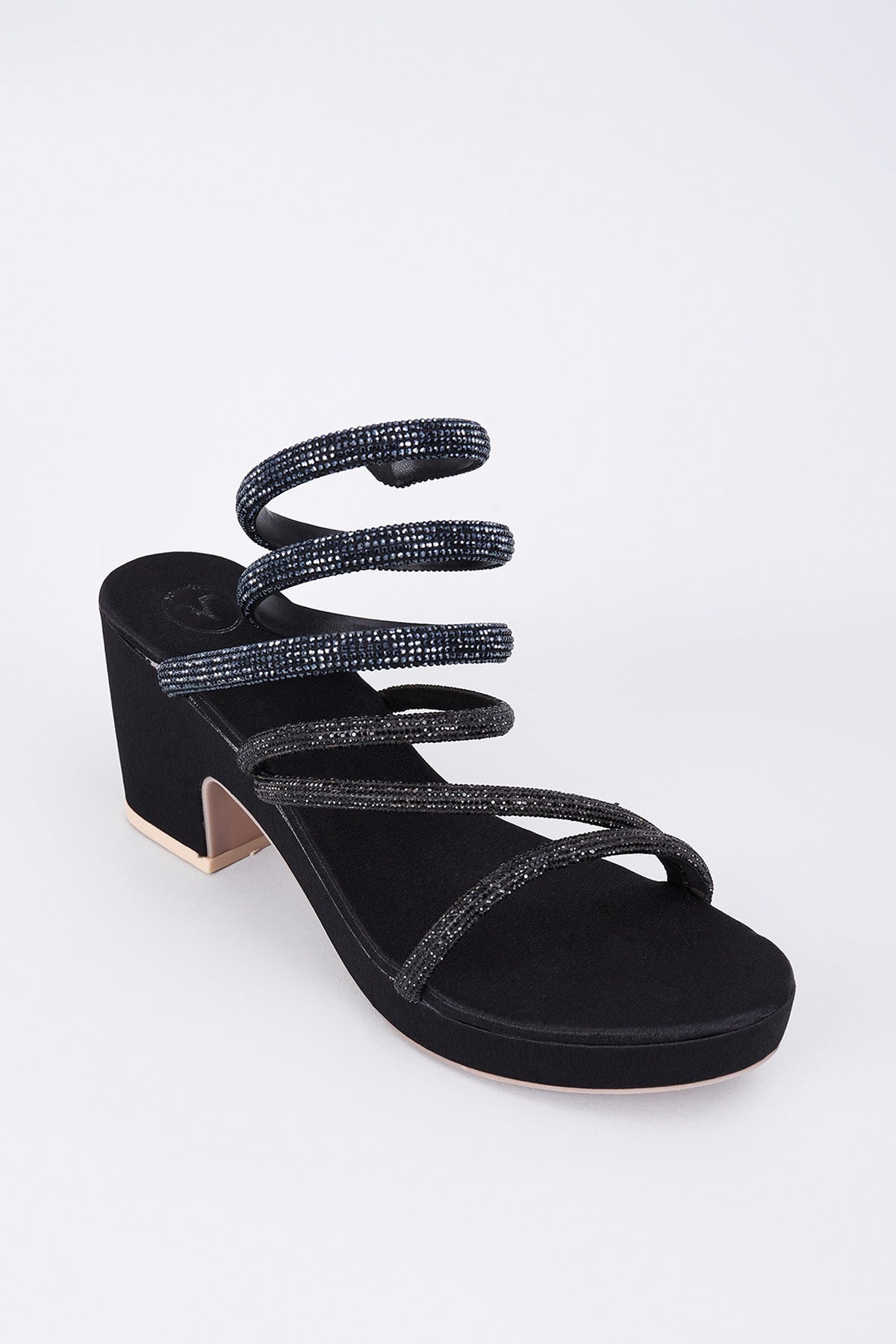 Black Synthetic & Vegan Rhinestone String Embellished Heels