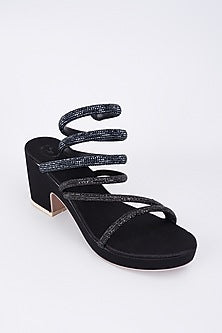 Black Synthetic & Vegan Rhinestone String Embellished Heels