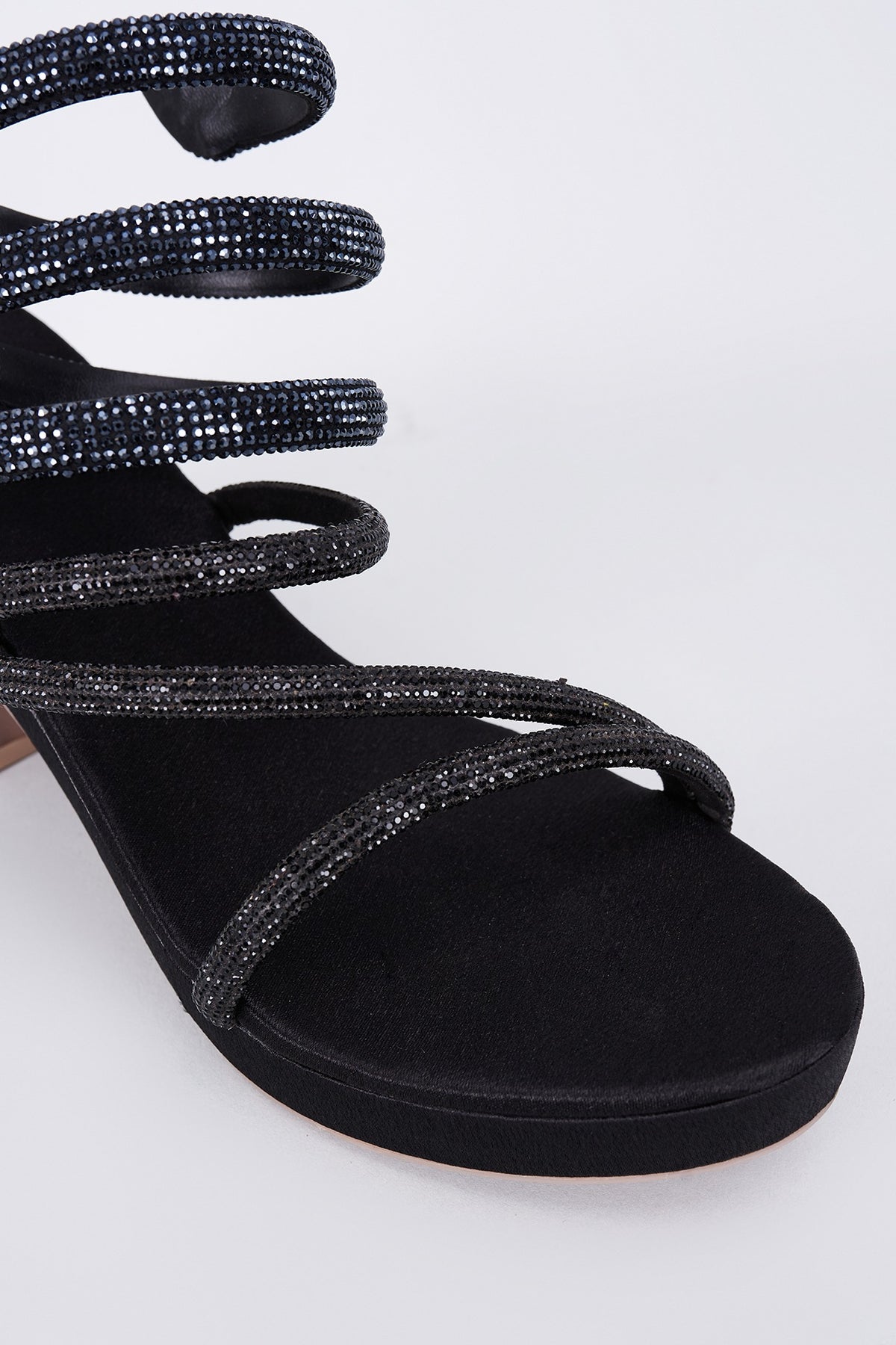 Black Synthetic & Vegan Rhinestone String Embellished Heels