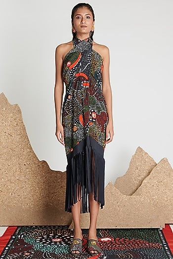 Grey Viscose Cellulose Crepe Fringed Cover-Up