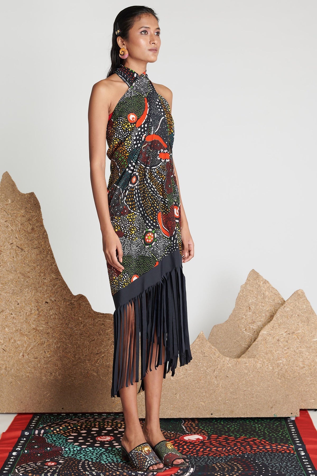 Grey Viscose Cellulose Crepe Fringed Cover-Up