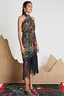 Grey Viscose Cellulose Crepe Fringed Cover-Up