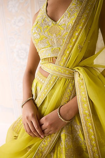Spring Green Raw Silk Applique & Thread Embroidered Lehenga Set
