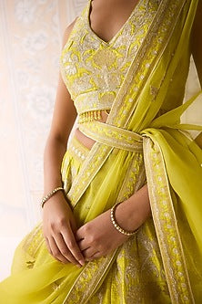 Spring Green Raw Silk Applique & Thread Embroidered Lehenga Set
