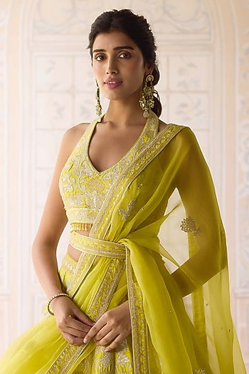 Spring Green Raw Silk Applique & Thread Embroidered Lehenga Set