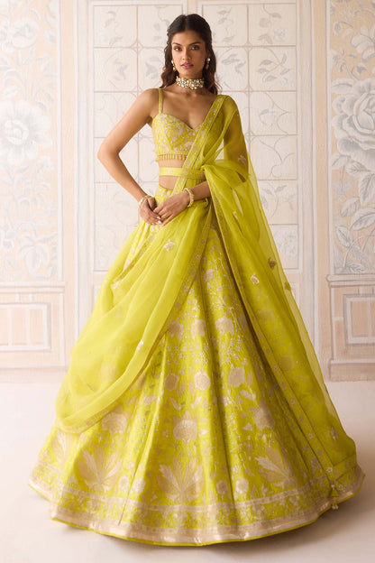Spring Green Raw Silk Applique & Thread Embroidered Lehenga Set