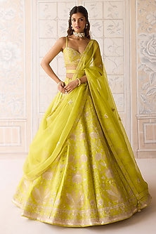 Spring Green Raw Silk Applique & Thread Embroidered Lehenga Set