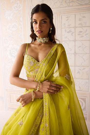 Spring Green Raw Silk Applique & Thread Embroidered Lehenga Set