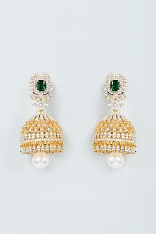 Two Tone Finish Zircon & Green Stone Jhumka Earrings in Sterling Silver