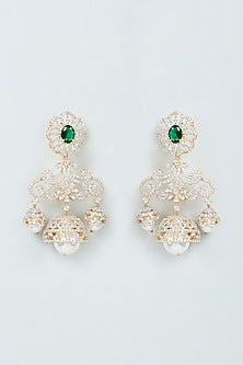 Two Tone Finish Zircon & Green Stone Dangler Earrings in Sterling Silver