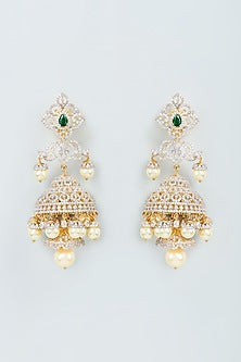 Two Tone Finish Zircon & Green Stone Jhumka Earrings in Sterling Silver