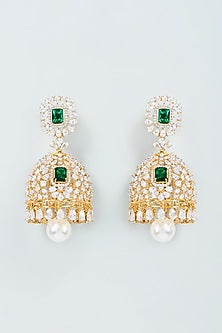 Two Tone Finish Cubic Zirconia & Emerald Jhumka Earrings in Sterling Silver