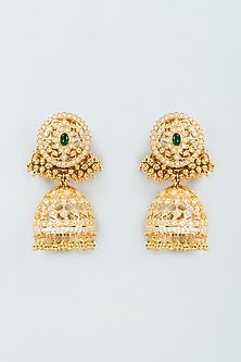 Gold Finish Cubic Zirconia & Emerald Jhumka Earrings in Sterling Silver