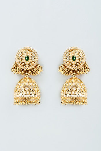 Gold Finish Cubic Zirconia & Emerald Jhumka Earrings in Sterling Silver