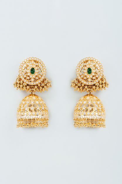 Gold Finish Cubic Zirconia & Emerald Jhumka Earrings in Sterling Silver