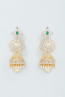 Two Tone Finish Zircon Jhumka Earrings in Sterling Silver