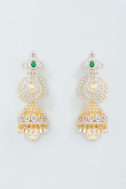 Two Tone Finish Zircon Jhumka Earrings in Sterling Silver