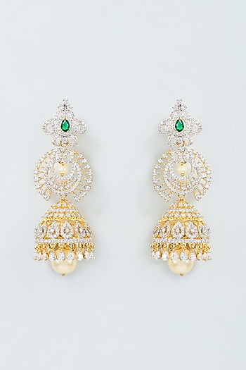 Two Tone Finish Zircon Jhumka Earrings in Sterling Silver