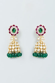 Gold Finish Cubic Zirconia & Ruby Earrings in Sterling Silver