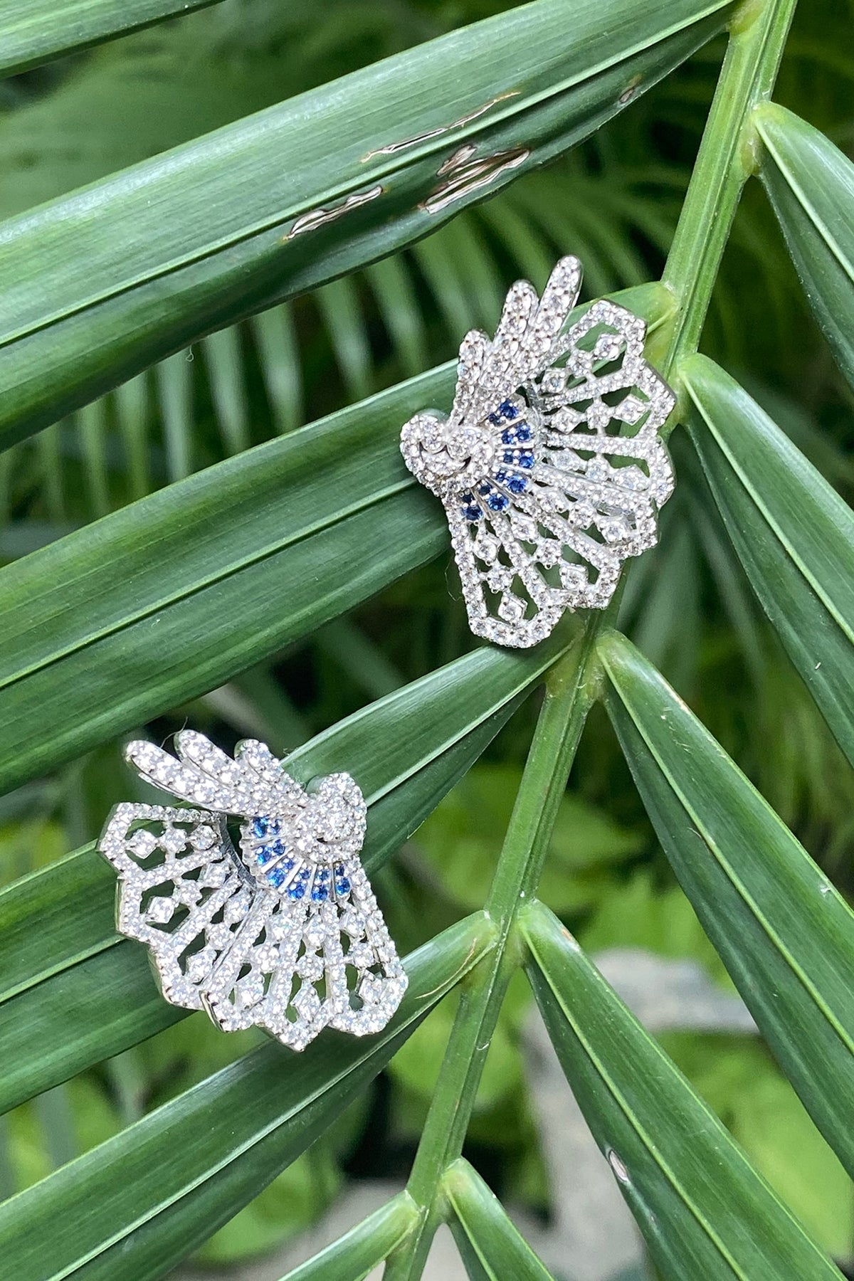 White Finish Palm Leaf Swarovski Earrings