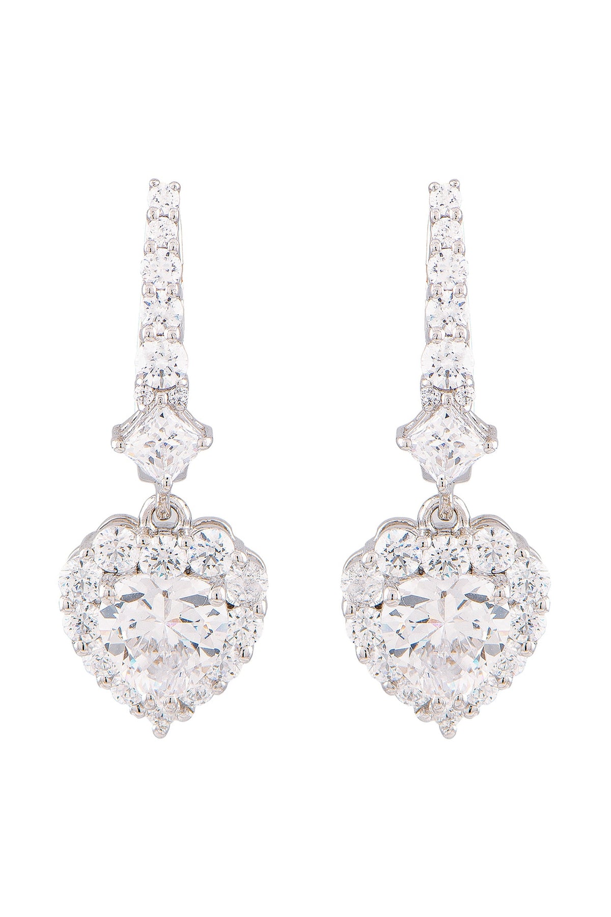White Finish Swarovski Zirconia Heart Dangler Earrings In Sterling Silver