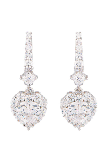 White Finish Swarovski Zirconia Heart Dangler Earrings In Sterling Silver