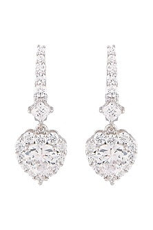 White Finish Swarovski Zirconia Heart Dangler Earrings In Sterling Silver