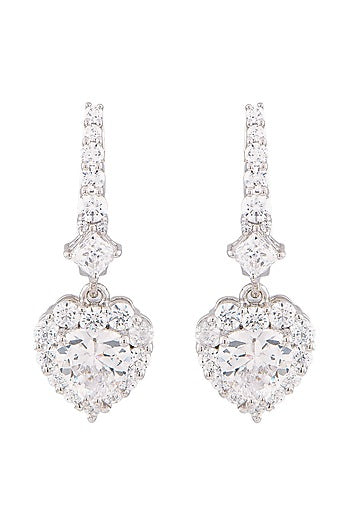 White Finish Swarovski Zirconia Heart Dangler Earrings In Sterling Silver
