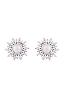 White Finish Pearl Stud Earrings In Sterling Silver