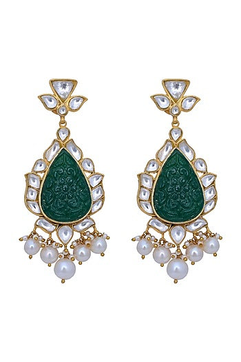 Gold Plated Green Onyx & Pearl Earrings