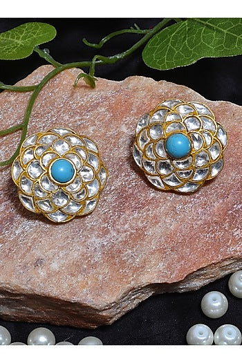 Gold Plated Jadau Crystal Polki Earrings In Sterling Silver