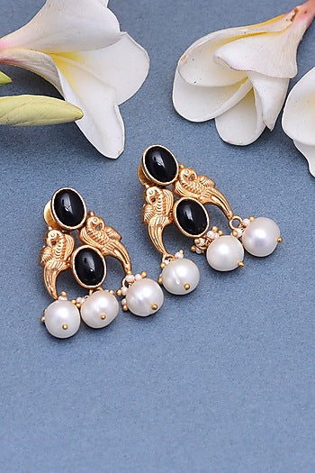 Gold Plated Black Onyx Handcrafted Dangler Earrings In Sterling Silver