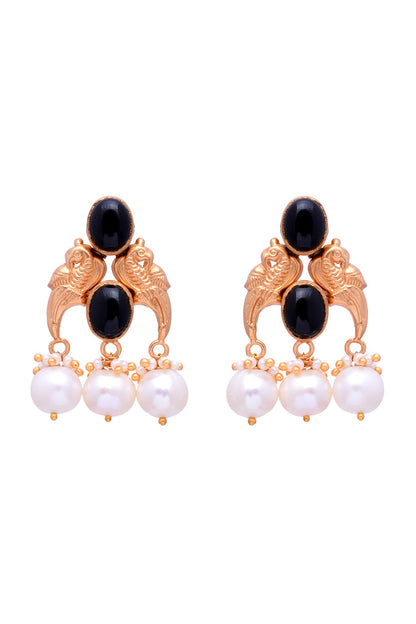 Gold Plated Black Onyx Handcrafted Dangler Earrings In Sterling Silver