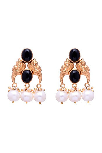 Gold Plated Black Onyx Handcrafted Dangler Earrings In Sterling Silver