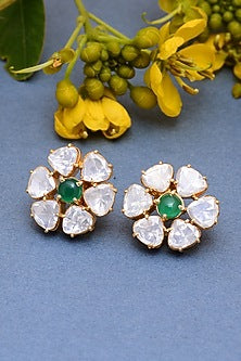 Gold Plated Crystal Polki Handcrafted Stud Earrings In Sterling Silver
