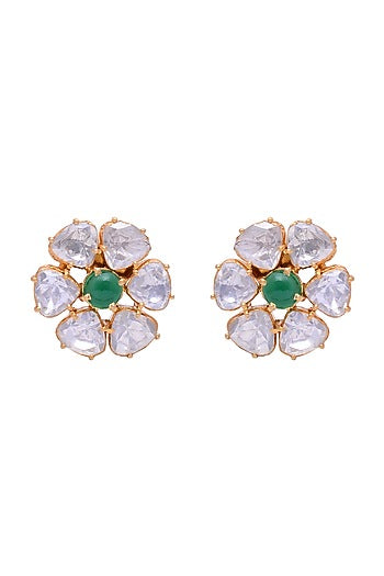 Gold Plated Crystal Polki Handcrafted Stud Earrings In Sterling Silver