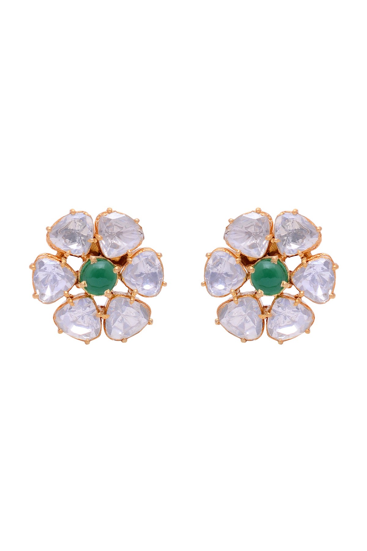 Gold Plated Crystal Polki Handcrafted Stud Earrings In Sterling Silver