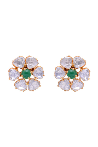 Gold Plated Crystal Polki Handcrafted Stud Earrings In Sterling Silver