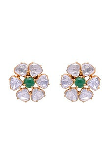 Gold Plated Crystal Polki Handcrafted Stud Earrings In Sterling Silver