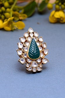Gold Plated Crystal Polki Handcrafted Ring In Sterling Silver